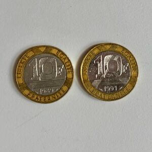French 10 Franc Coins 1989, 1991 Vintage
